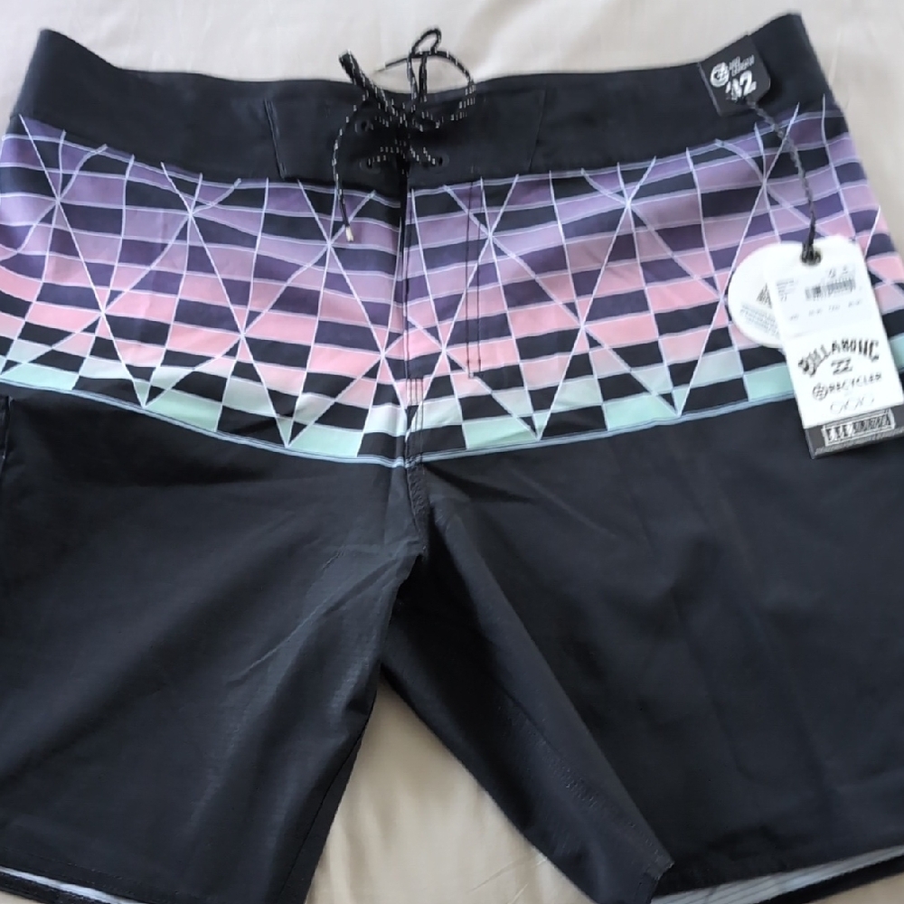 Black and Multicolor Geometric Swim Shorts